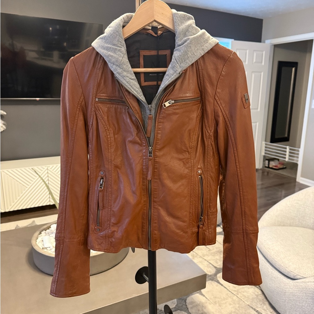 Mauritius Cognac Leather Jacket with Gray Hood